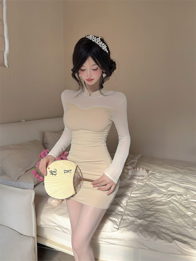 Novelty High Collar Sheer Tulle Splicing Mini Skirt Glam Long Sleeve Knitted Bodycon Short Dress AP3771