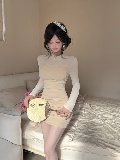 Novelty High Collar Sheer Tulle Splicing Mini Skirt Glam Long Sleeve Knitted Bodycon Short Dress AP3771