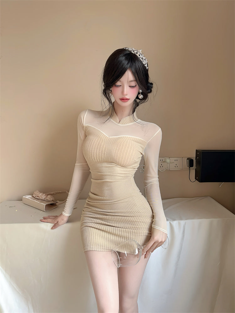 Novelty High Collar Sheer Tulle Splicing Mini Skirt Glam Long Sleeve Knitted Bodycon Short Dress AP3771