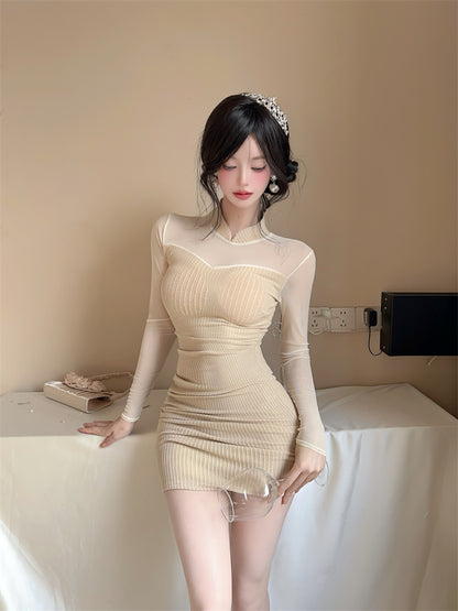 Novelty High Collar Sheer Tulle Splicing Mini Skirt Glam Long Sleeve Knitted Bodycon Short Dress AP3771