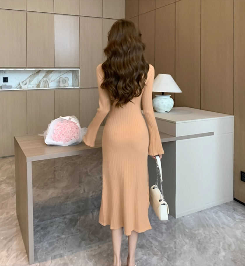 Fashionable V Neck Fitted Long Sleeve Midi Dress Gorgeous Sheath Knitted Evening Long Dress AP3773