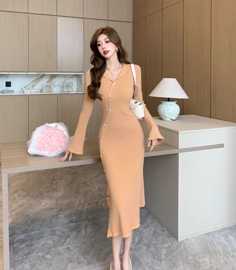 Fashionable V Neck Fitted Long Sleeve Midi Dress Gorgeous Sheath Knitted Evening Long Dress AP3773