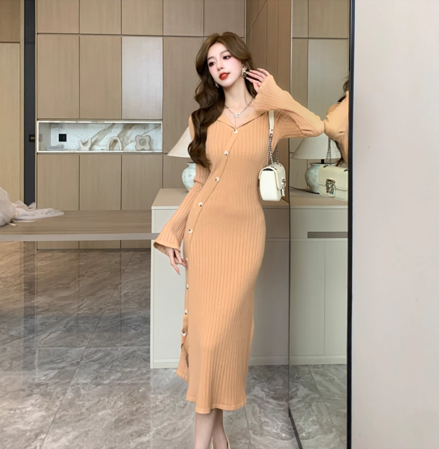Fashionable V Neck Fitted Long Sleeve Midi Dress Gorgeous Sheath Knitted Evening Long Dress AP3773