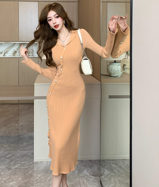 Fashionable V Neck Fitted Long Sleeve Midi Dress Gorgeous Sheath Knitted Evening Long Dress AP3773