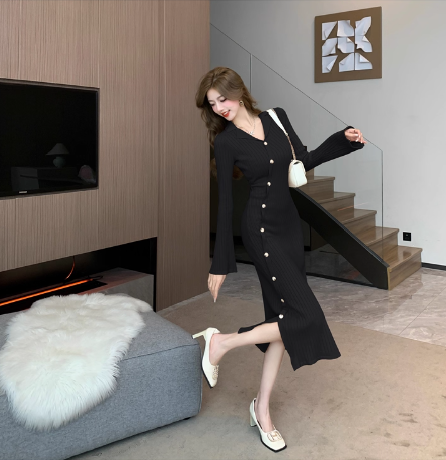 French Style Sheath Knitted Black Midi Dress Simple V Neck Long Sleeve Evening Long Dress AP3774