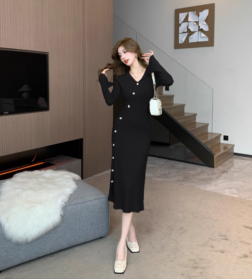 French Style Sheath Knitted Black Midi Dress Simple V Neck Long Sleeve Evening Long Dress AP3774