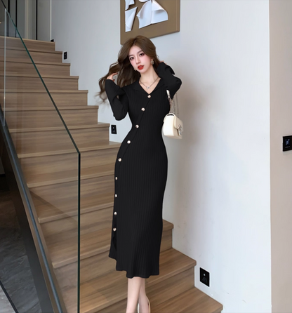 French Style Sheath Knitted Black Midi Dress Simple V Neck Long Sleeve Evening Long Dress AP3774