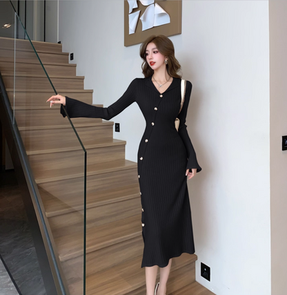 French Style Sheath Knitted Black Midi Dress Simple V Neck Long Sleeve Evening Long Dress AP3774