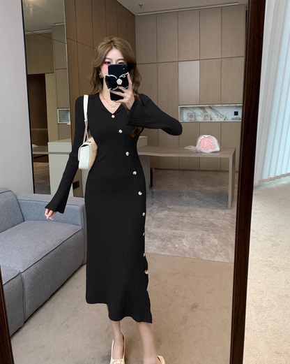 French Style Sheath Knitted Black Midi Dress Simple V Neck Long Sleeve Evening Long Dress AP3774