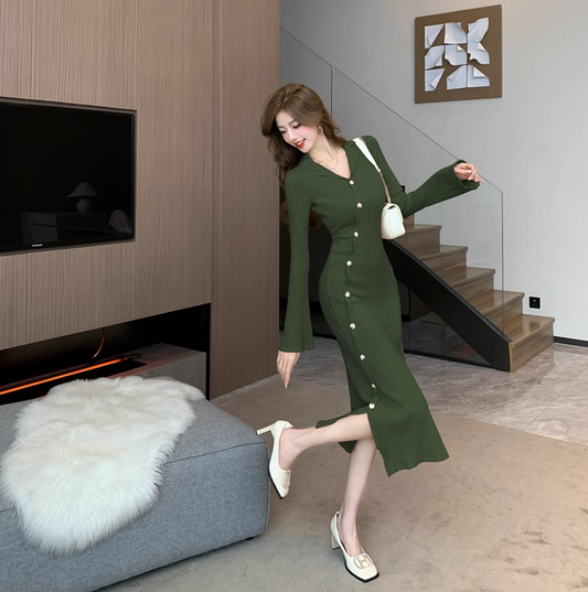 Minimalist Sheath Knitted Slit Midi Dress Casual V Neck Long Sleeve Evening Long Dress AP3775