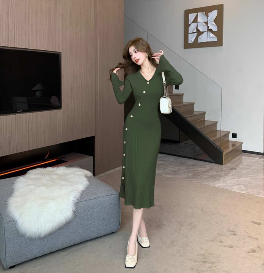 Minimalist Sheath Knitted Slit Midi Dress Casual V Neck Long Sleeve Evening Long Dress AP3775