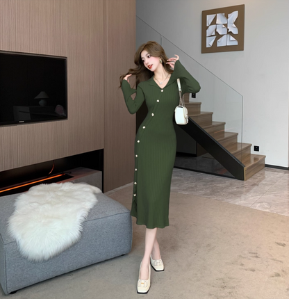 Minimalist Sheath Knitted Slit Midi Dress Casual V Neck Long Sleeve Evening Long Dress AP3775