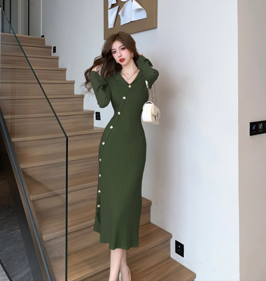 Minimalist Sheath Knitted Slit Midi Dress Casual V Neck Long Sleeve Evening Long Dress AP3775