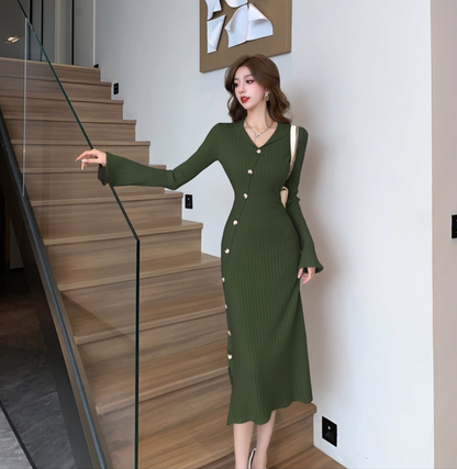 Minimalist Sheath Knitted Slit Midi Dress Casual V Neck Long Sleeve Evening Long Dress AP3775