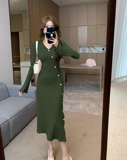 Minimalist Sheath Knitted Slit Midi Dress Casual V Neck Long Sleeve Evening Long Dress AP3775