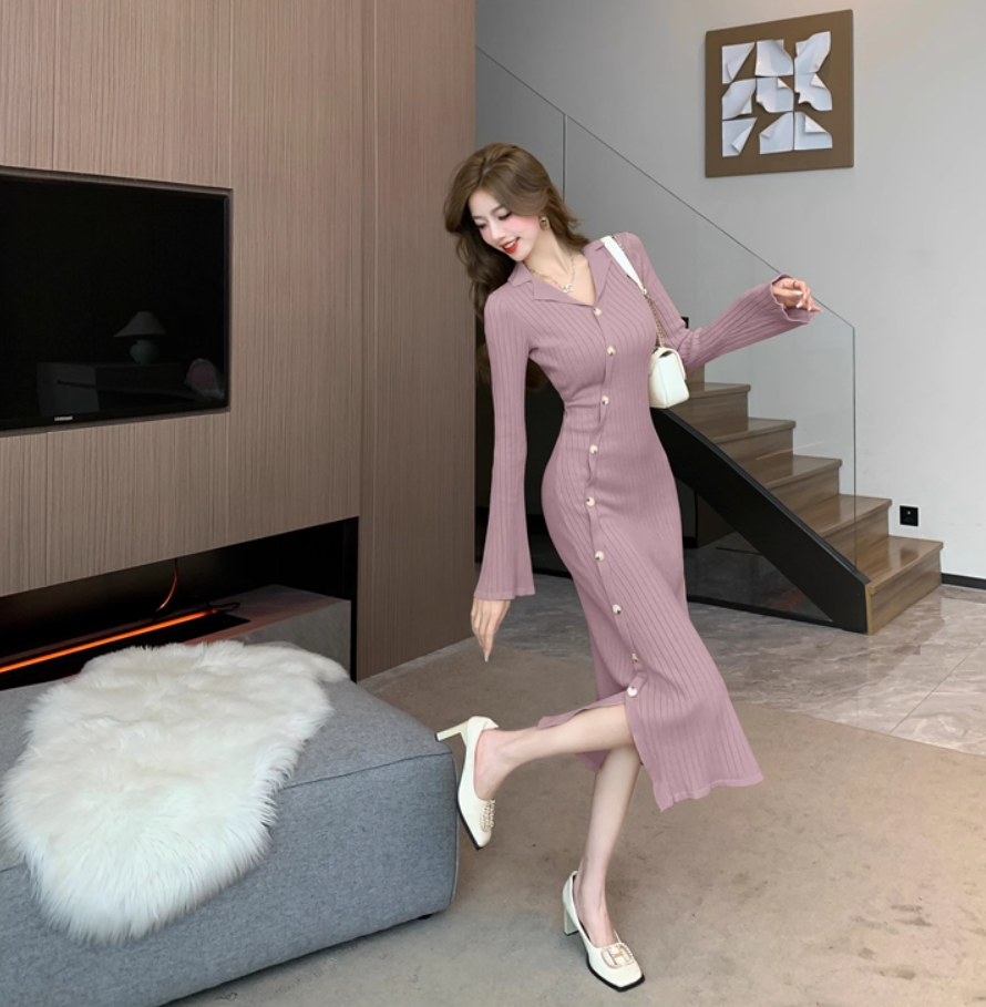 Simple Knitted Sheath Evening Midi Dress Vintage Long Sleeve V Neck Slit Long Dress AP3776