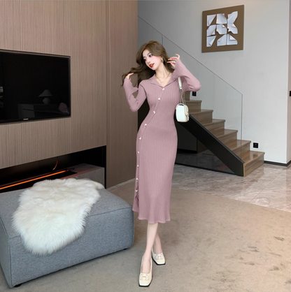 Simple Knitted Sheath Evening Midi Dress Vintage Long Sleeve V Neck Slit Long Dress AP3776