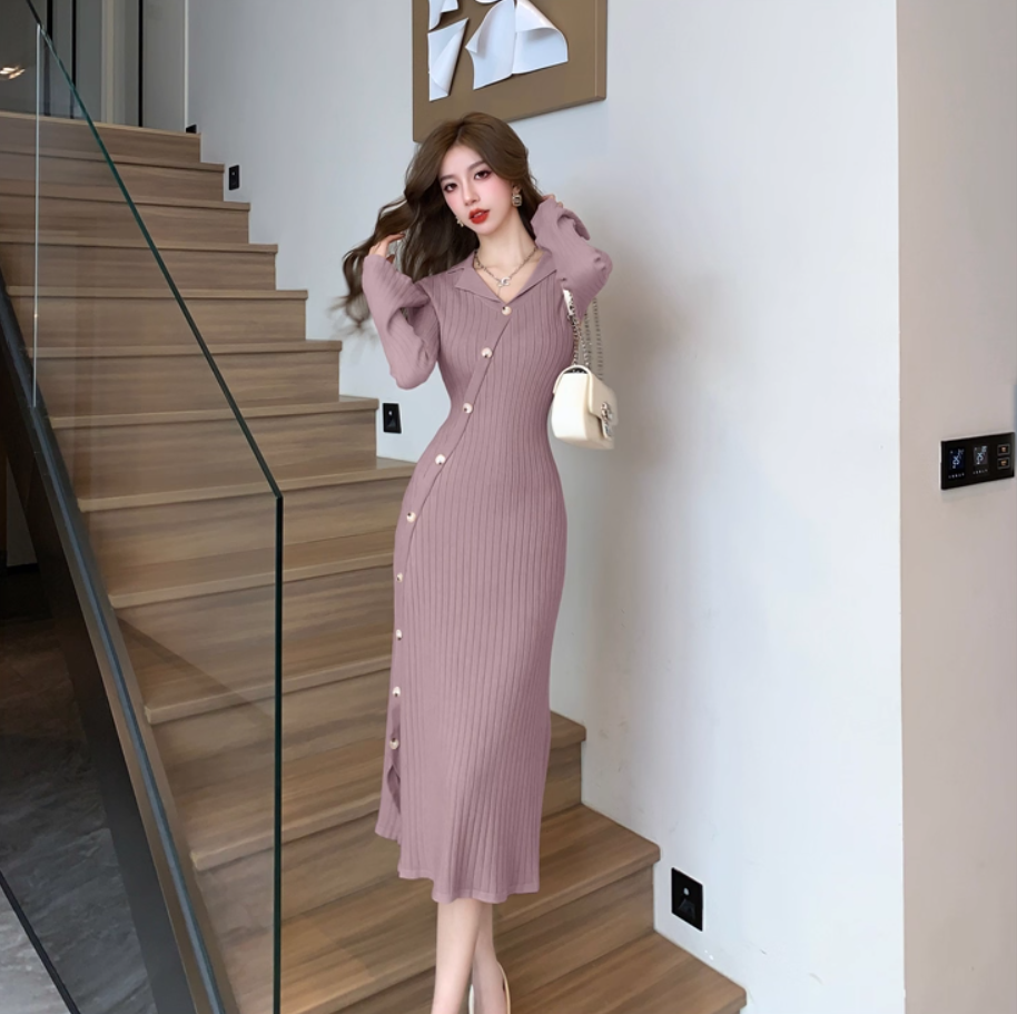Simple Knitted Sheath Evening Midi Dress Vintage Long Sleeve V Neck Slit Long Dress AP3776