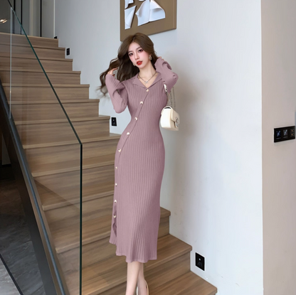 Simple Knitted Sheath Evening Midi Dress Vintage Long Sleeve V Neck Slit Long Dress AP3776