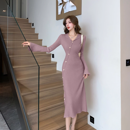 Simple Knitted Sheath Evening Midi Dress Vintage Long Sleeve V Neck Slit Long Dress AP3776