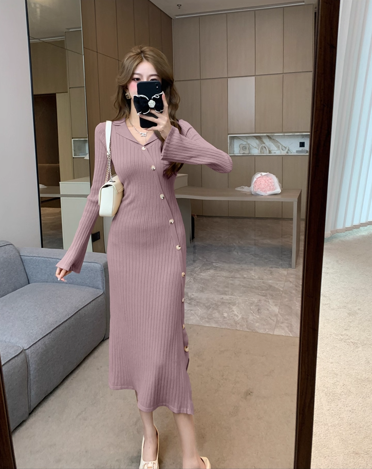 Simple Knitted Sheath Evening Midi Dress Vintage Long Sleeve V Neck Slit Long Dress AP3776