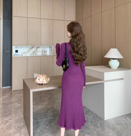 Charming Knitted Sheath Purple Evening Midi Dress Simple Jewel Neck Long Sleeve Long Dress AP3777