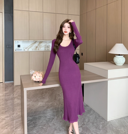 Charming Knitted Sheath Purple Evening Midi Dress Simple Jewel Neck Long Sleeve Long Dress AP3777