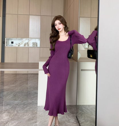 Charming Knitted Sheath Purple Evening Midi Dress Simple Jewel Neck Long Sleeve Long Dress AP3777