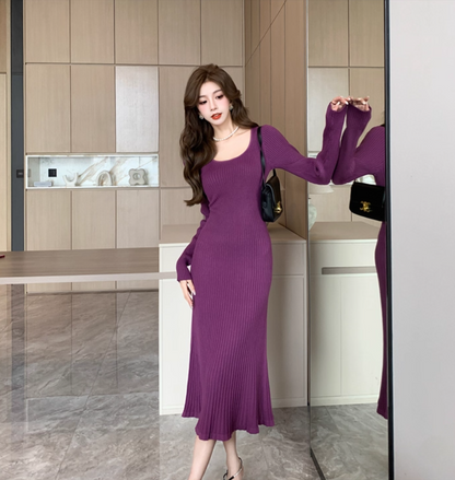 Charming Knitted Sheath Purple Evening Midi Dress Simple Jewel Neck Long Sleeve Long Dress AP3777