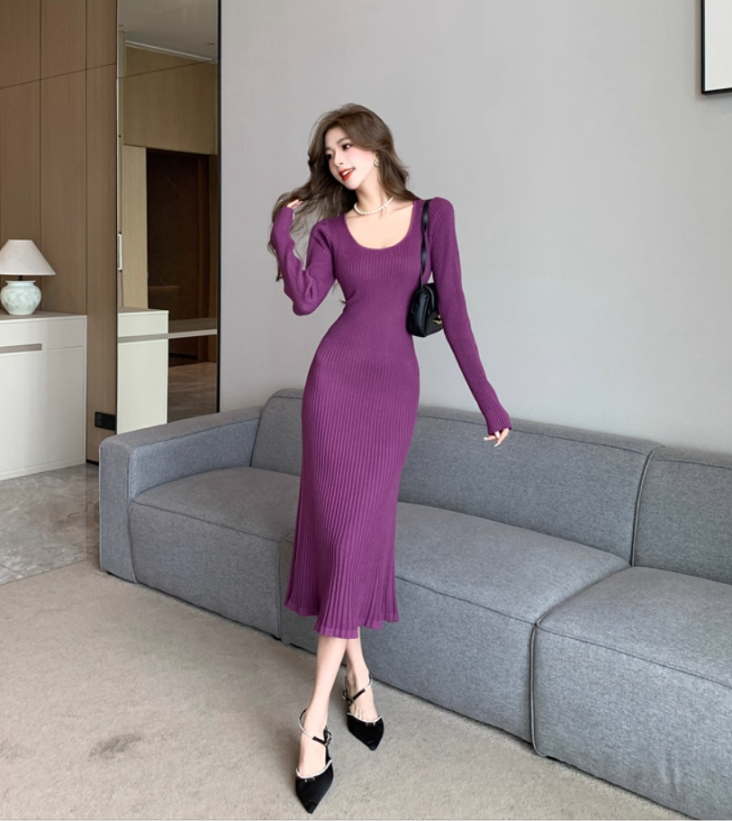 Charming Knitted Sheath Purple Evening Midi Dress Simple Jewel Neck Long Sleeve Long Dress AP3777