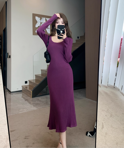Charming Knitted Sheath Purple Evening Midi Dress Simple Jewel Neck Long Sleeve Long Dress AP3777