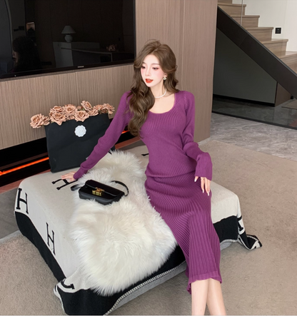 Charming Knitted Sheath Purple Evening Midi Dress Simple Jewel Neck Long Sleeve Long Dress AP3777