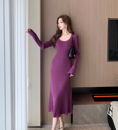 Charming Knitted Sheath Purple Evening Midi Dress Simple Jewel Neck Long Sleeve Long Dress AP3777