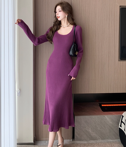Charming Knitted Sheath Purple Evening Midi Dress Simple Jewel Neck Long Sleeve Long Dress AP3777