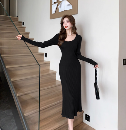 Dopamine Style Jewel Neck Knitted Black Evening Midi Dress Fashionable Long Sleeve Sheath Long Dress AP3778
