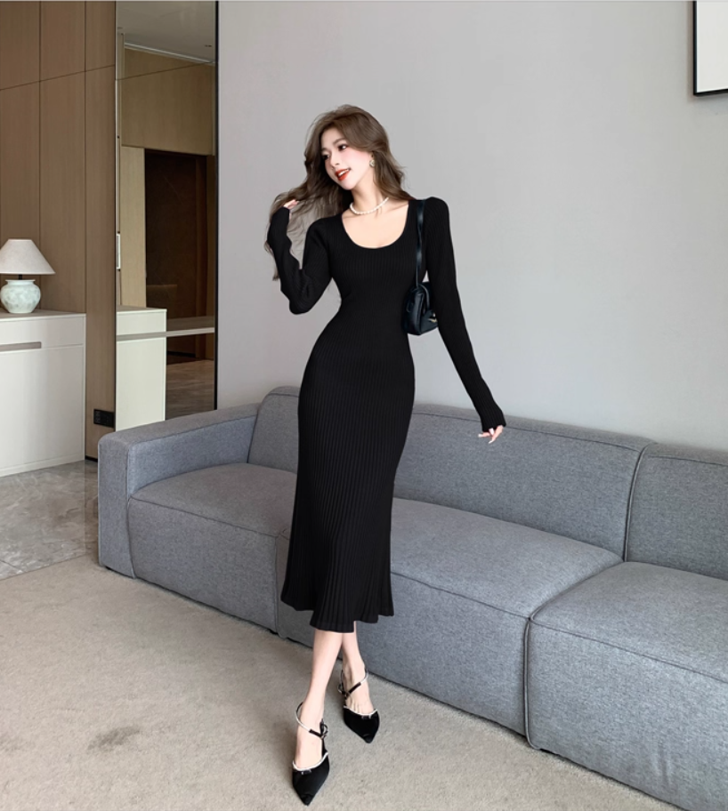 Dopamine Style Jewel Neck Knitted Black Evening Midi Dress Fashionable Long Sleeve Sheath Long Dress AP3778