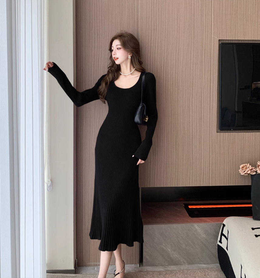 Dopamine Style Jewel Neck Knitted Black Evening Midi Dress Fashionable Long Sleeve Sheath Long Dress AP3778