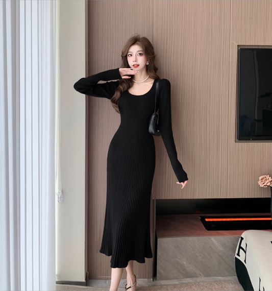 Dopamine Style Jewel Neck Knitted Black Evening Midi Dress Fashionable Long Sleeve Sheath Long Dress AP3778