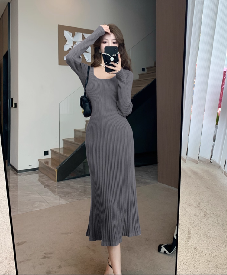 Adorable Knitted Jewel Neck Evening Midi Dress Everyday Wear Long Sleeve Grey Sheath Long Dress AP3779