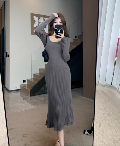 Adorable Knitted Jewel Neck Evening Midi Dress Everyday Wear Long Sleeve Grey Sheath Long Dress AP3779