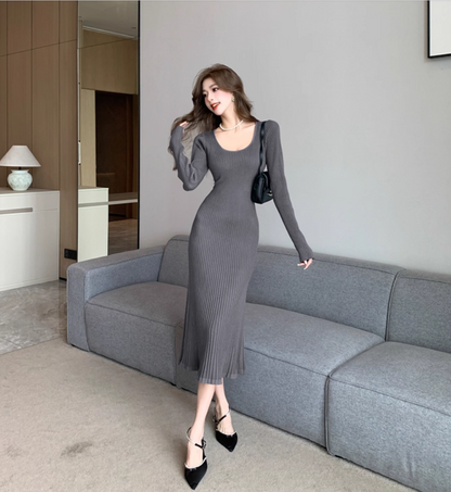 Adorable Knitted Jewel Neck Evening Midi Dress Everyday Wear Long Sleeve Grey Sheath Long Dress AP3779