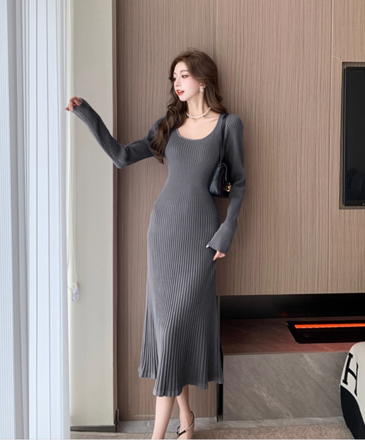 Adorable Knitted Jewel Neck Evening Midi Dress Everyday Wear Long Sleeve Grey Sheath Long Dress AP3779