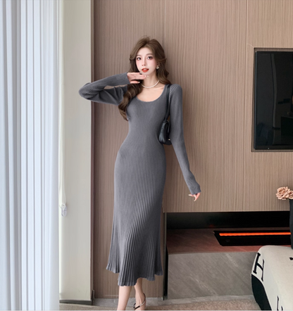 Adorable Knitted Jewel Neck Evening Midi Dress Everyday Wear Long Sleeve Grey Sheath Long Dress AP3779
