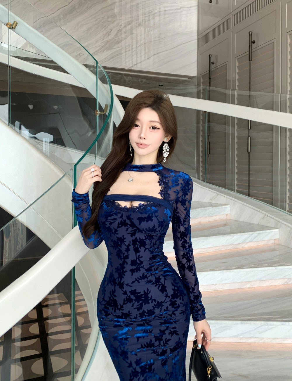 Playful Jewel Neck Long Sleeve Cutout Maxi Dress Graceful Jacquard Lace Trim Mermaid Evening Long Dress AP3780