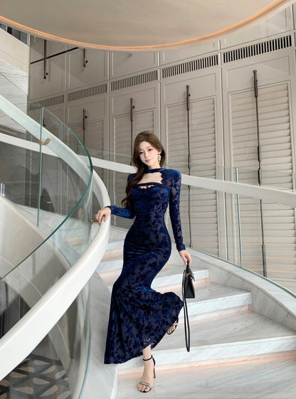 Playful Jewel Neck Long Sleeve Cutout Maxi Dress Graceful Jacquard Lace Trim Mermaid Evening Long Dress AP3780