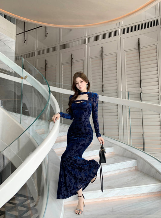 Playful Jewel Neck Long Sleeve Cutout Maxi Dress Graceful Jacquard Lace Trim Mermaid Evening Long Dress AP3780