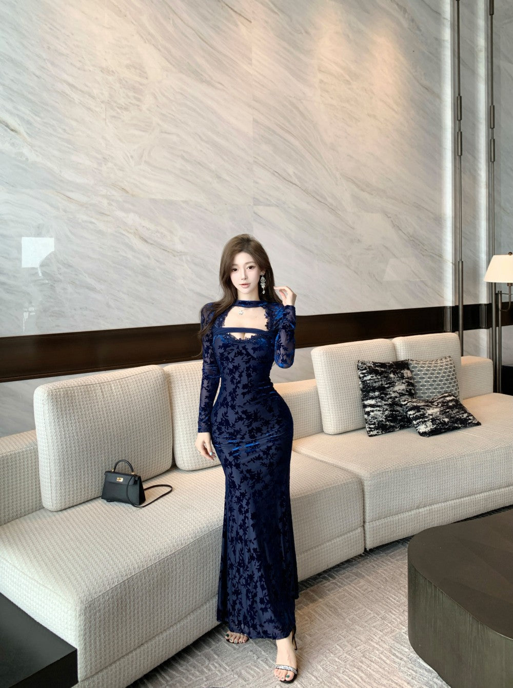 Playful Jewel Neck Long Sleeve Cutout Maxi Dress Graceful Jacquard Lace Trim Mermaid Evening Long Dress AP3780