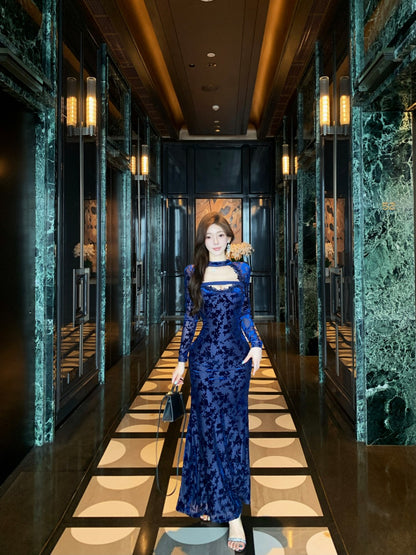 Playful Jewel Neck Long Sleeve Cutout Maxi Dress Graceful Jacquard Lace Trim Mermaid Evening Long Dress AP3780