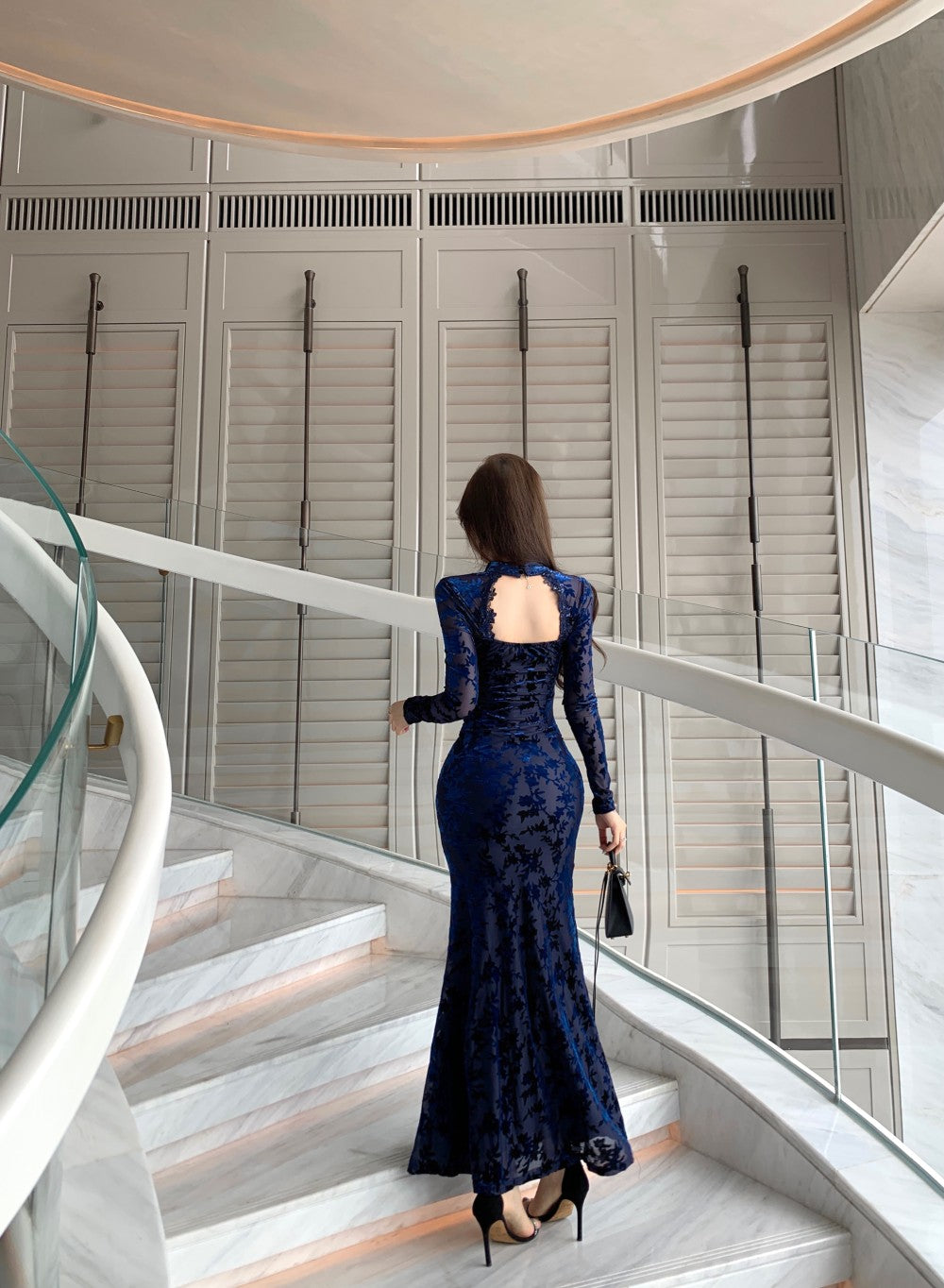 Playful Jewel Neck Long Sleeve Cutout Maxi Dress Graceful Jacquard Lace Trim Mermaid Evening Long Dress AP3780