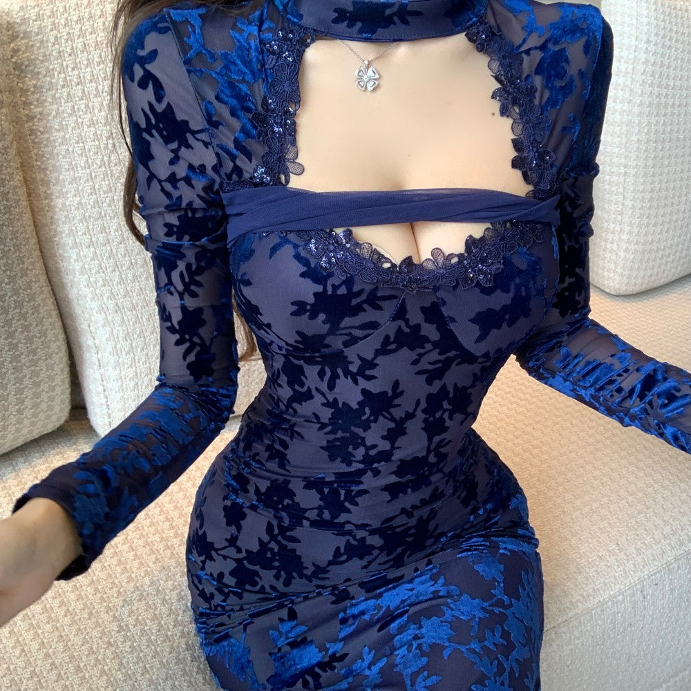 Playful Jewel Neck Long Sleeve Cutout Maxi Dress Graceful Jacquard Lace Trim Mermaid Evening Long Dress AP3780